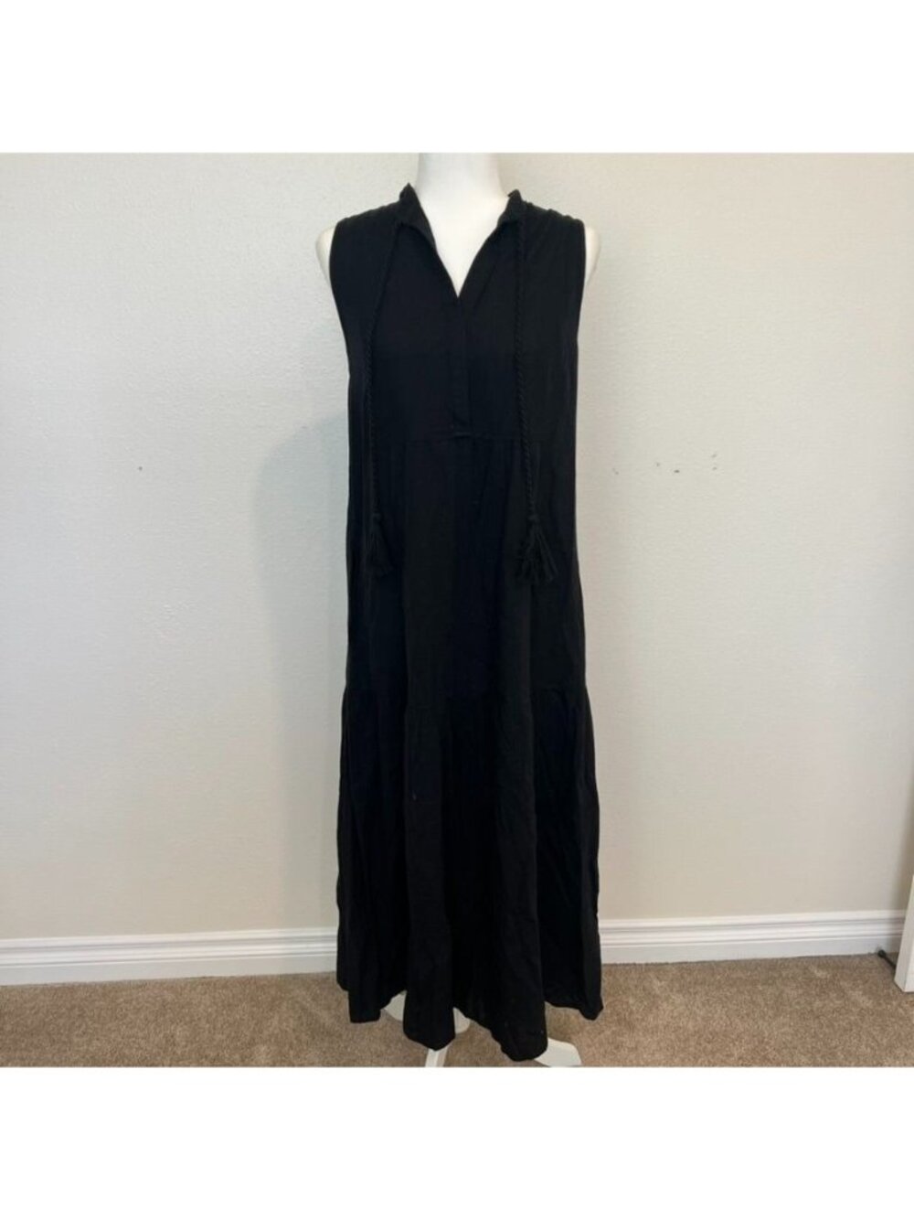 Cotton Linen Black Tiered Midi Sleeveless Dress Size Medium NWOT
